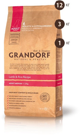 Корм Грандорф для собак средних пород низкозерновой ягненок с рисом (Grandorf Lamb&Rice Medium)