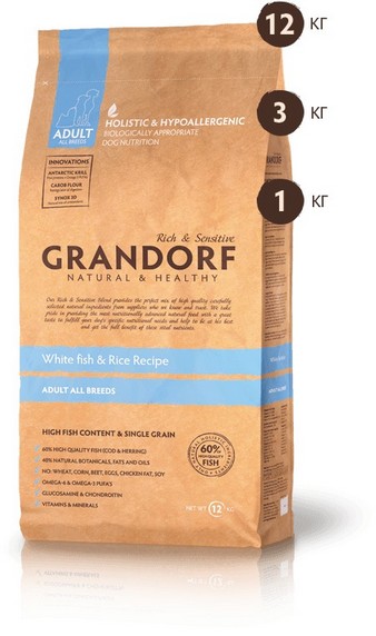 Корм Грандорф для собак всех пород низкозерновой белая рыба и рис (Grandorf White Fish&Rice) 